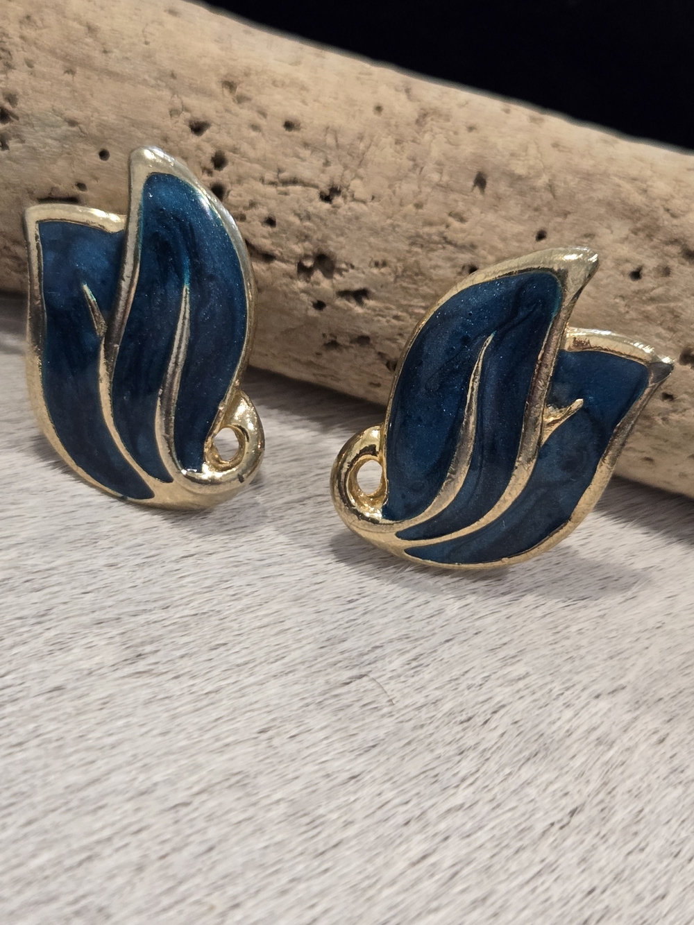 Vintage Gold-Tone Blue Tone  Enamel Earrings